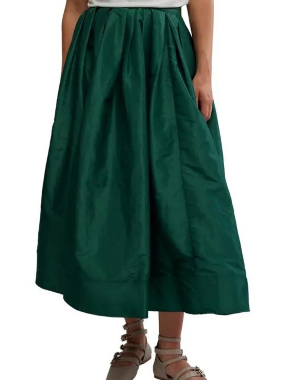 Elegant Emerald Green Satin Midi Skirt L
